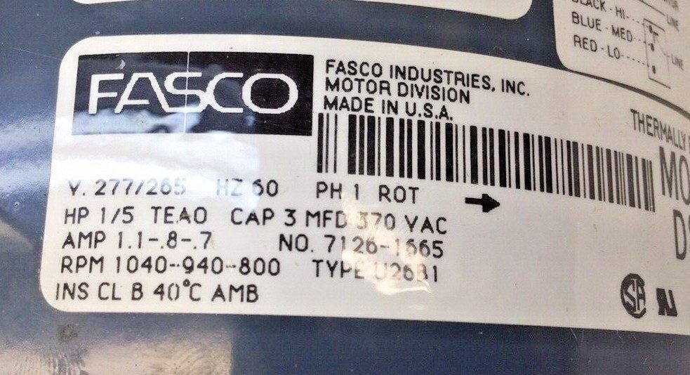 Fasco D848 Motor 1/5 HP 277/265V 60HZ 1040-940-800 RPM