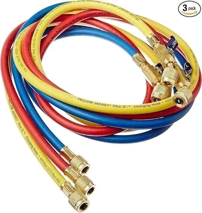 72″ HVAC Charging Hose Set (3-Pack) – 1/4″ SAE w/ Compact Ball Valves – 800 PSI
