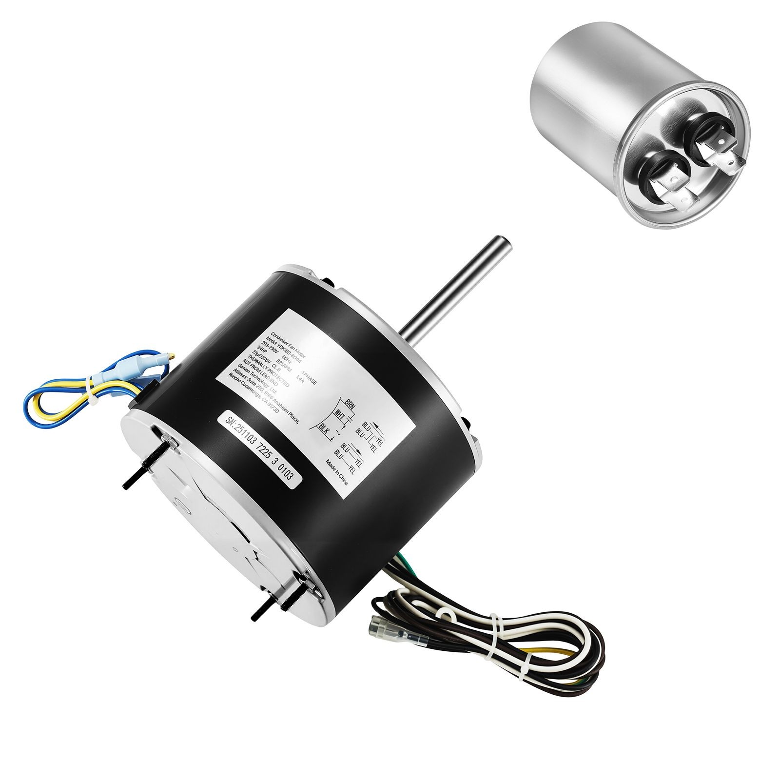 Condenser Fan Motor with Capacitor, 1/4HP 825RPM 208-230V, Compatible