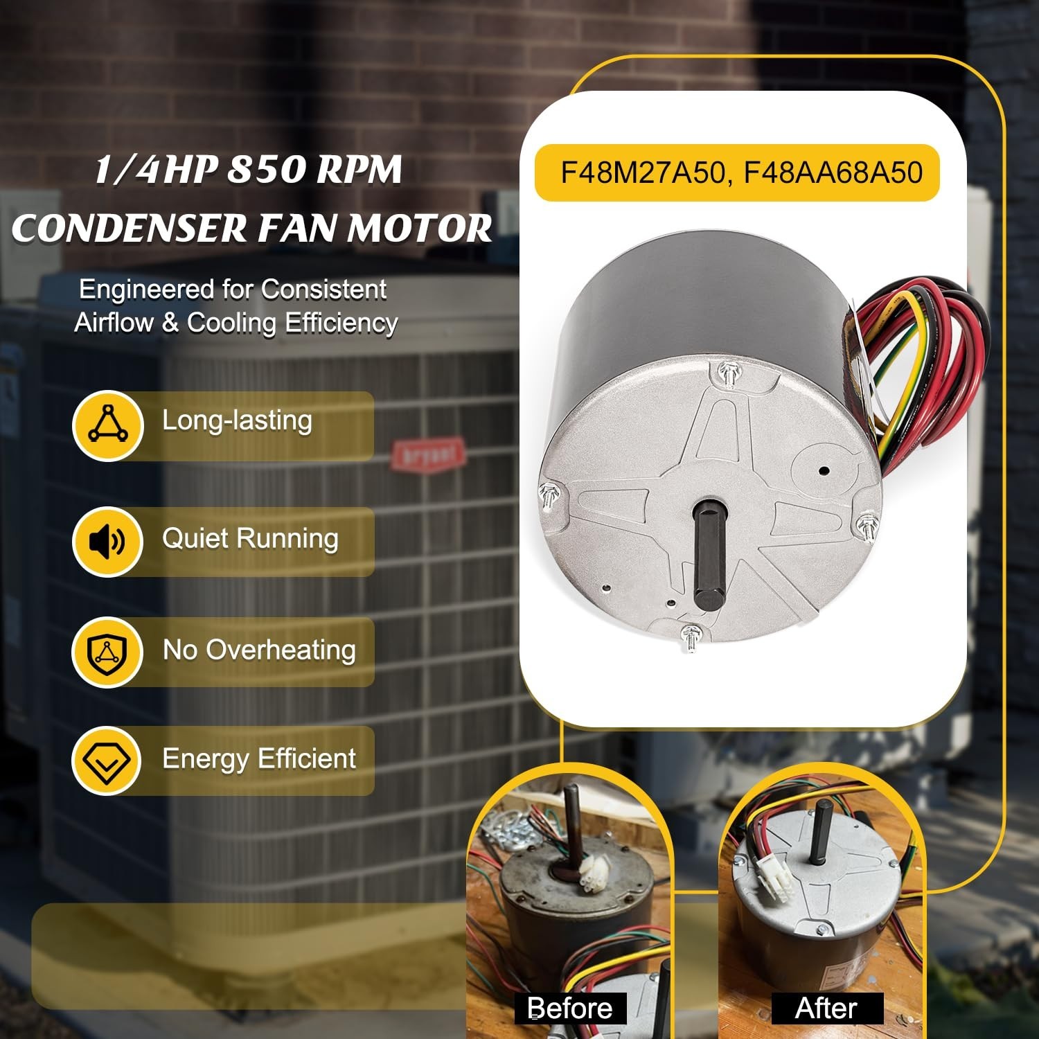 1/4HP AC Condenser Fan Motor 208-230V 850RPM Replaces F48AA68A50 CW