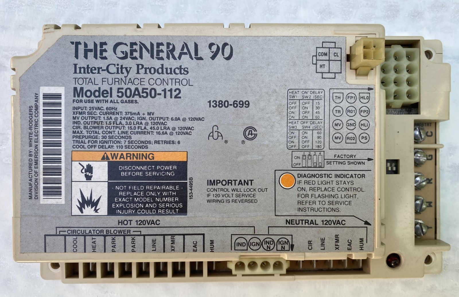 White-Rodgers 50A50-112 1380-699 Total Furnace Control The General 90