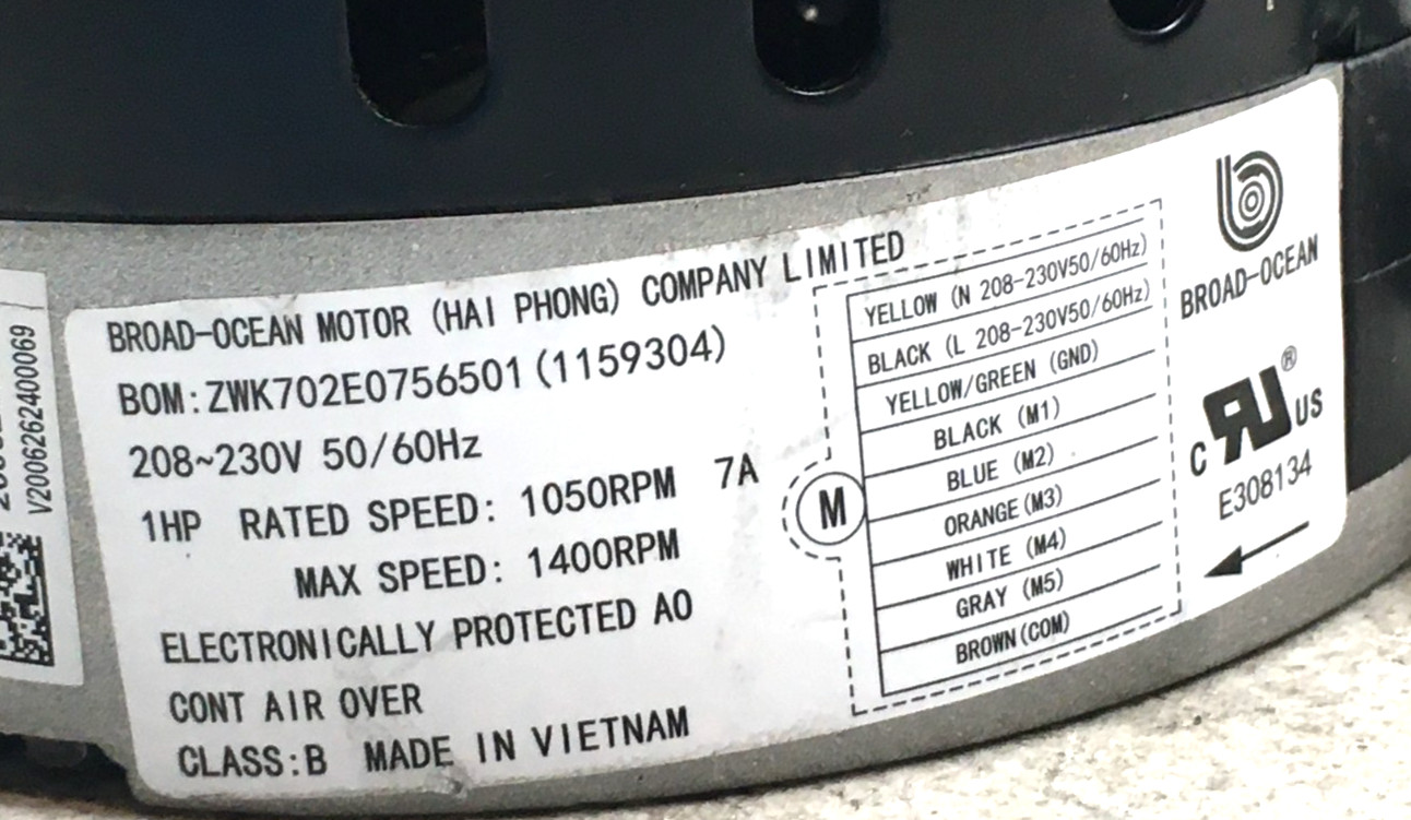 BROAD-OCEAN ZWK702E0756501 Blower Motor 1159304 KMSAH011C23 230V used #MB588