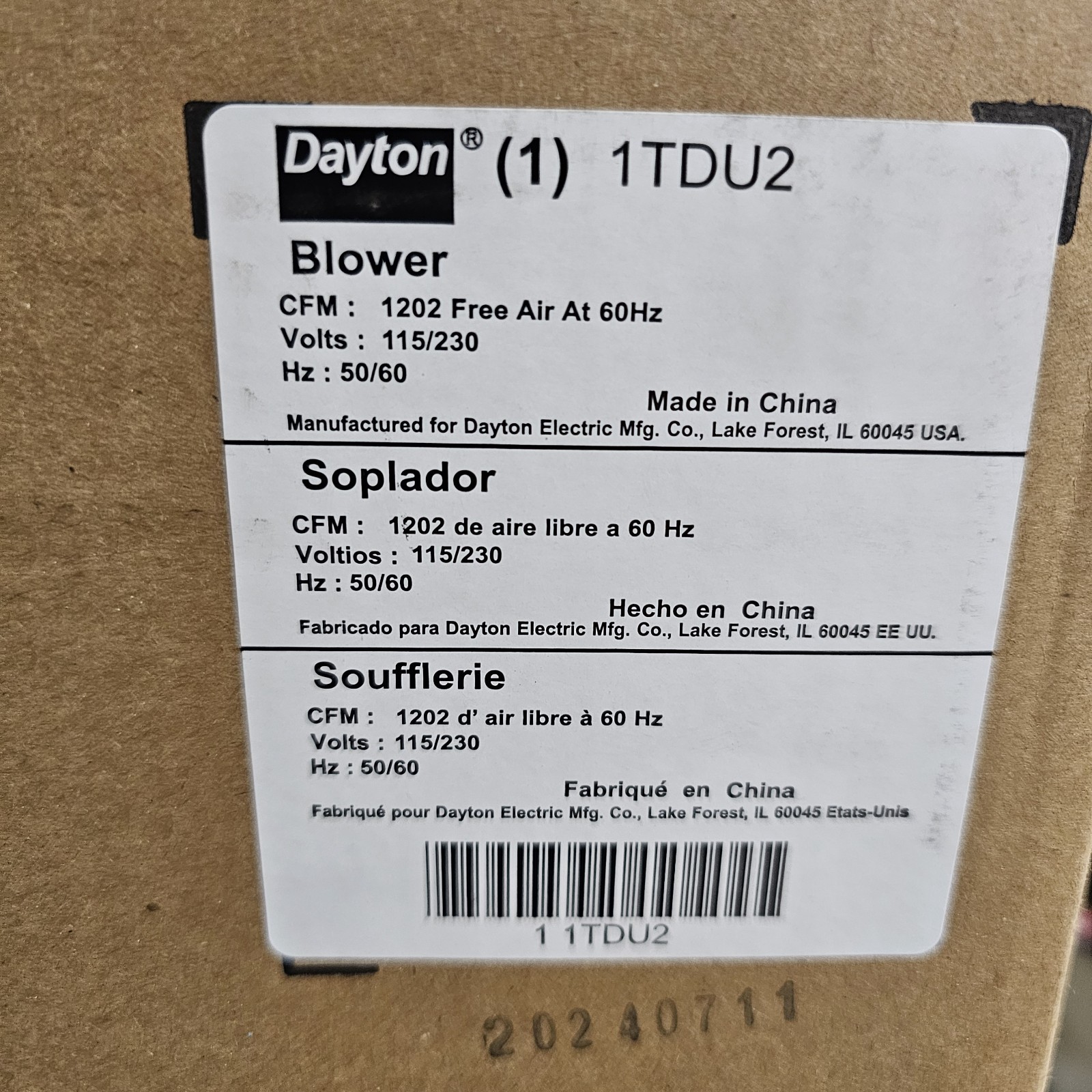 Dayton 1Tdu2 Rectangle Replacement Oem Blower 1202 Cfm 8-1/4 In Whl Dia 1