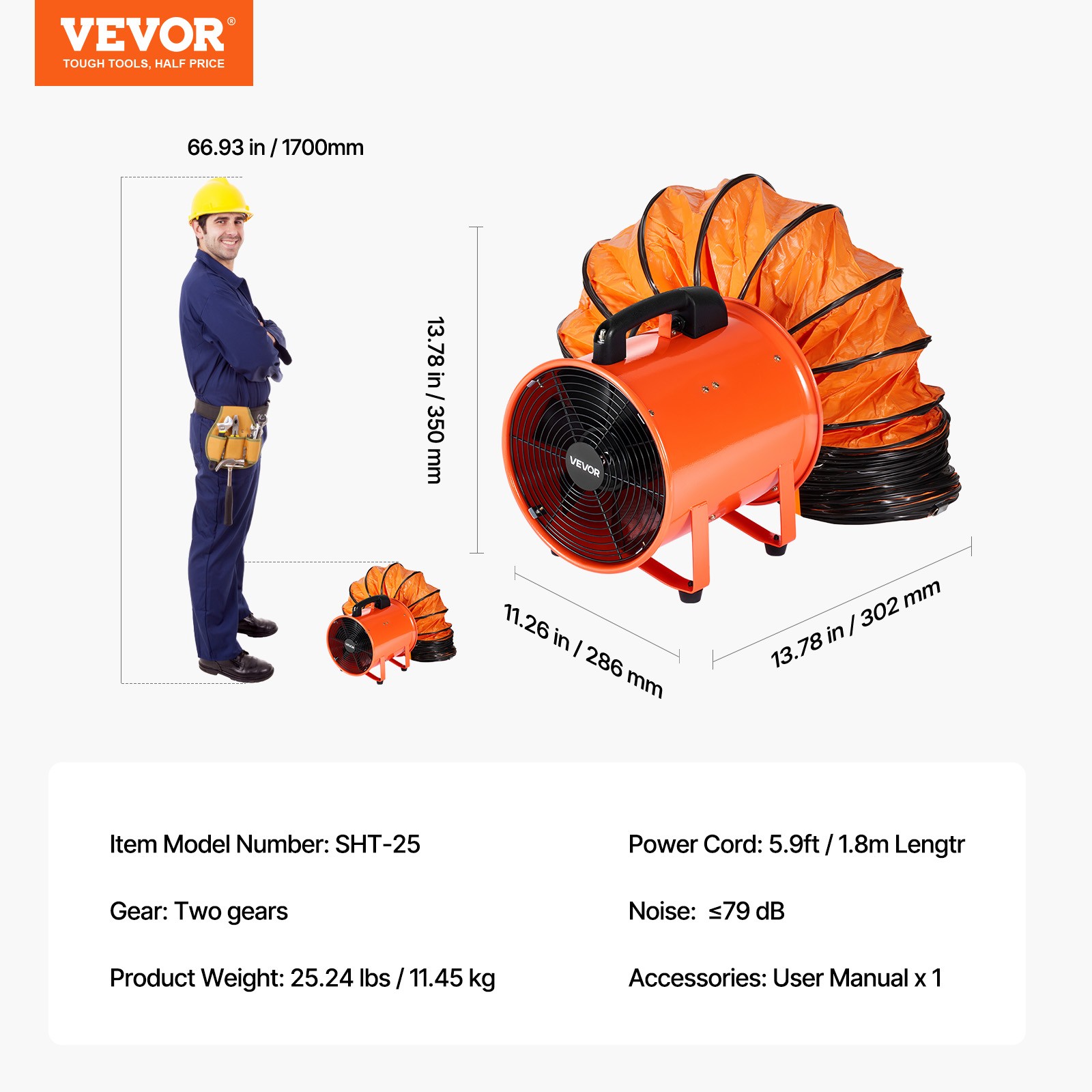 VEVOR 10″ Extractor Fan Blower Portable 10m Duct Hose Ventilator Industrial