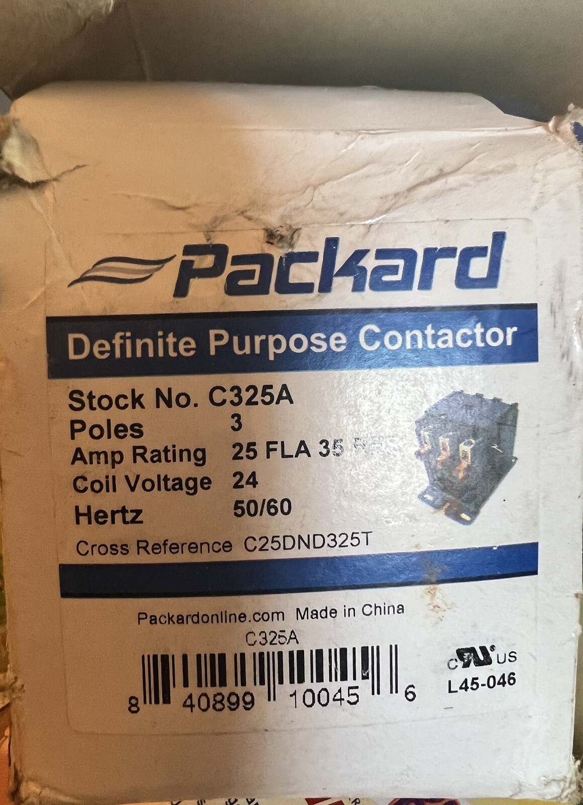 Packard C325A Contactor 3 Pole, 25 Amps, 24 Coil Voltage L45-046 HERTZ 50/60