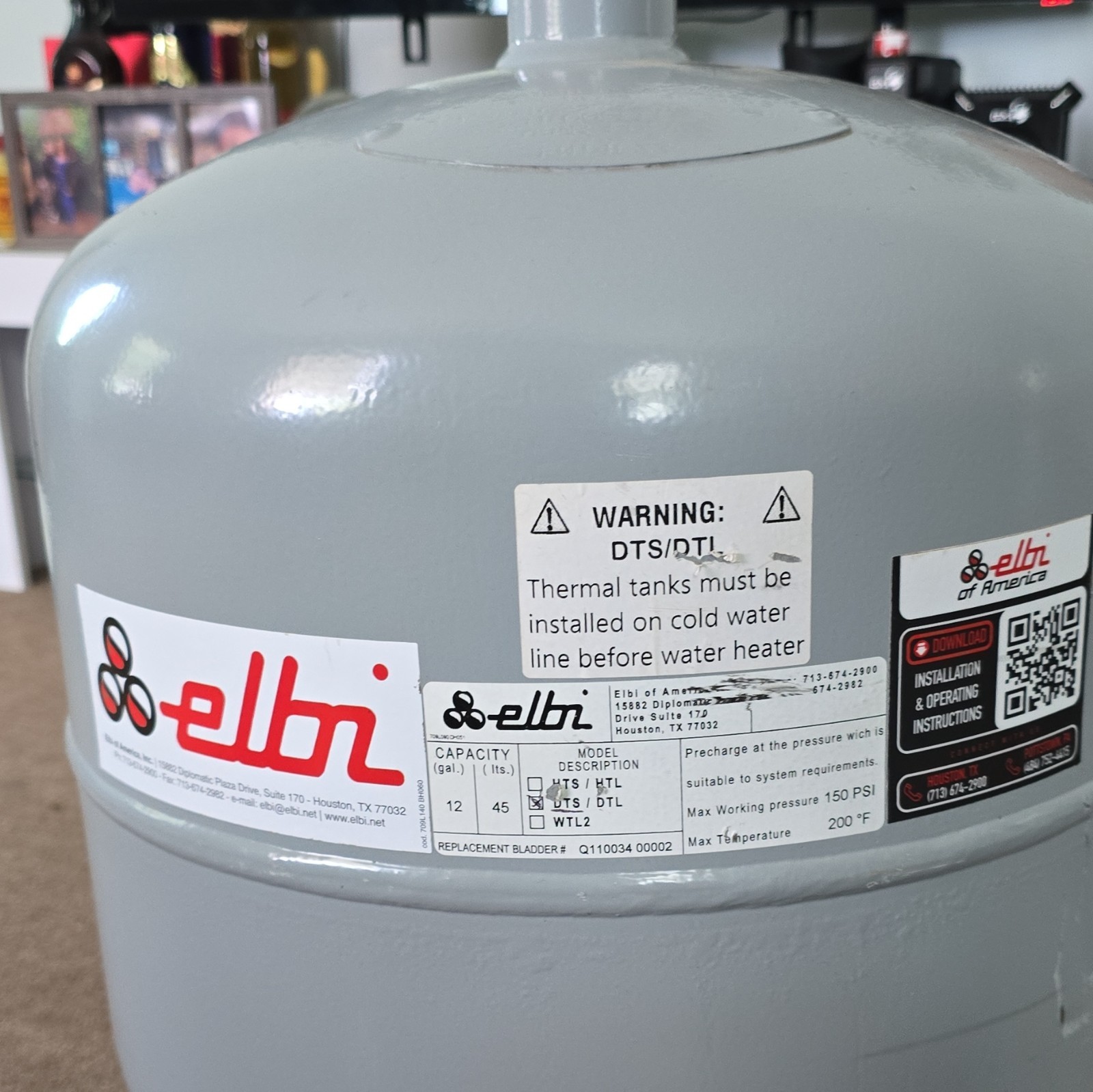 Elbi DTS/DTL Boiler Thermal Expansion Tank 12 gal 150 PSI Gray