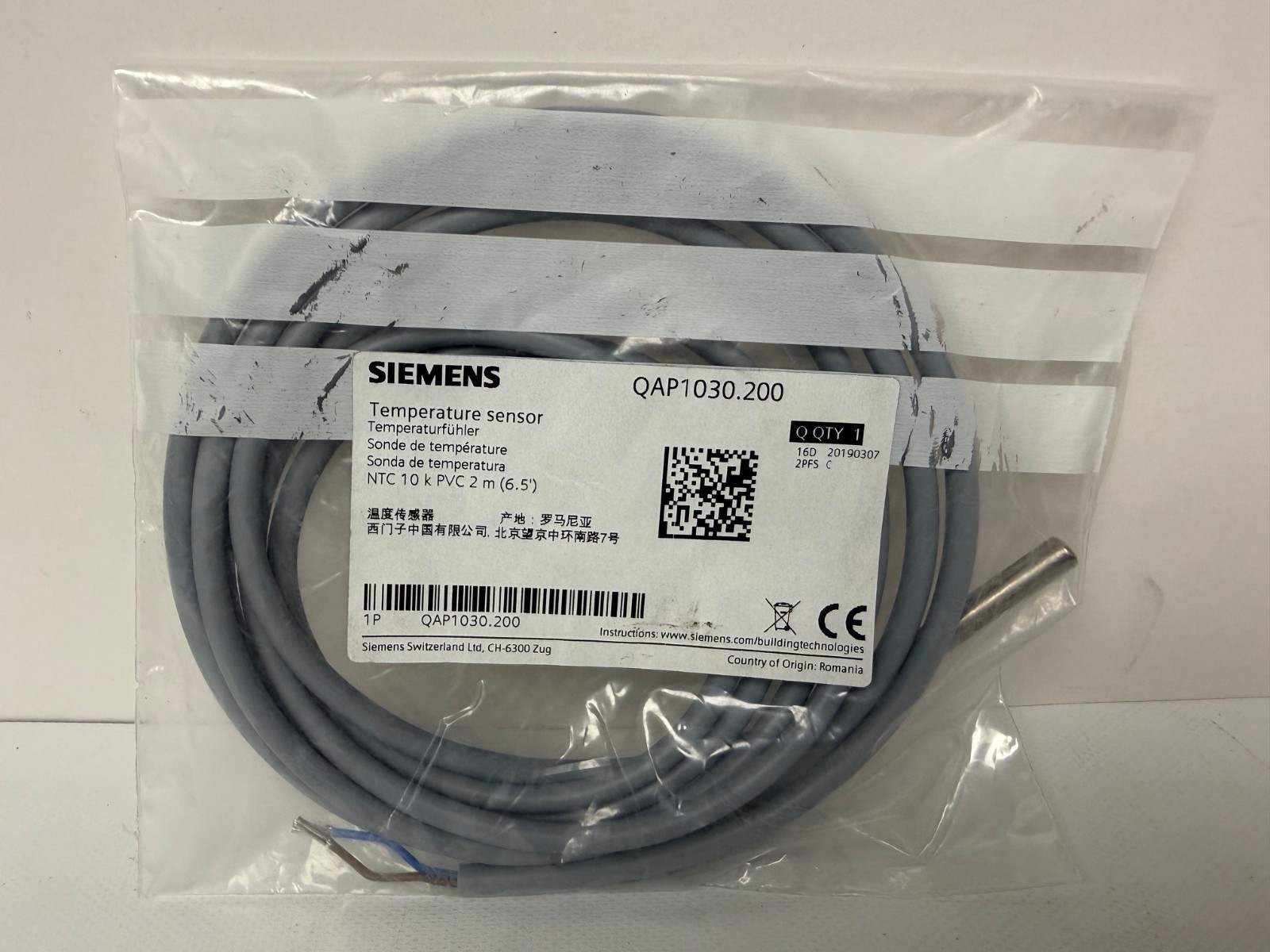 SIEMENS QAP1030.200 TEMPERATURE SENSOR NTC 10 K PVC 6.5′ NEW IN BAG