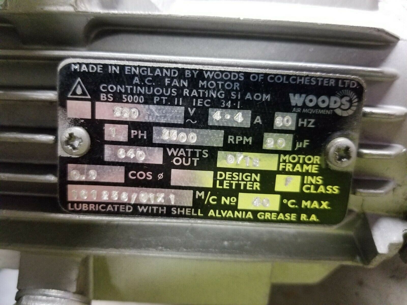 NEW WOODS AC FAN MOTOR 220 VAC 1 PHASE 3300 RPM D71B FRAME 640 WATT 12″ DIA
