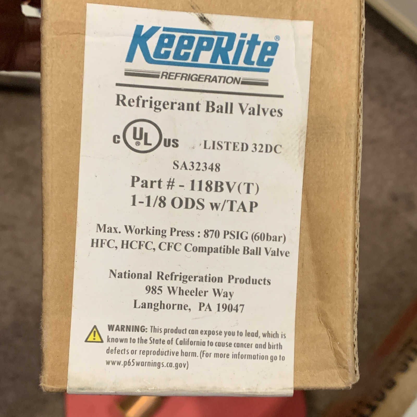 KeepRite 1-1/8 REFRIGERANT BALL VALVE W/ TAP 118BV(T) 700 PSIG (QTY: 1) NOS