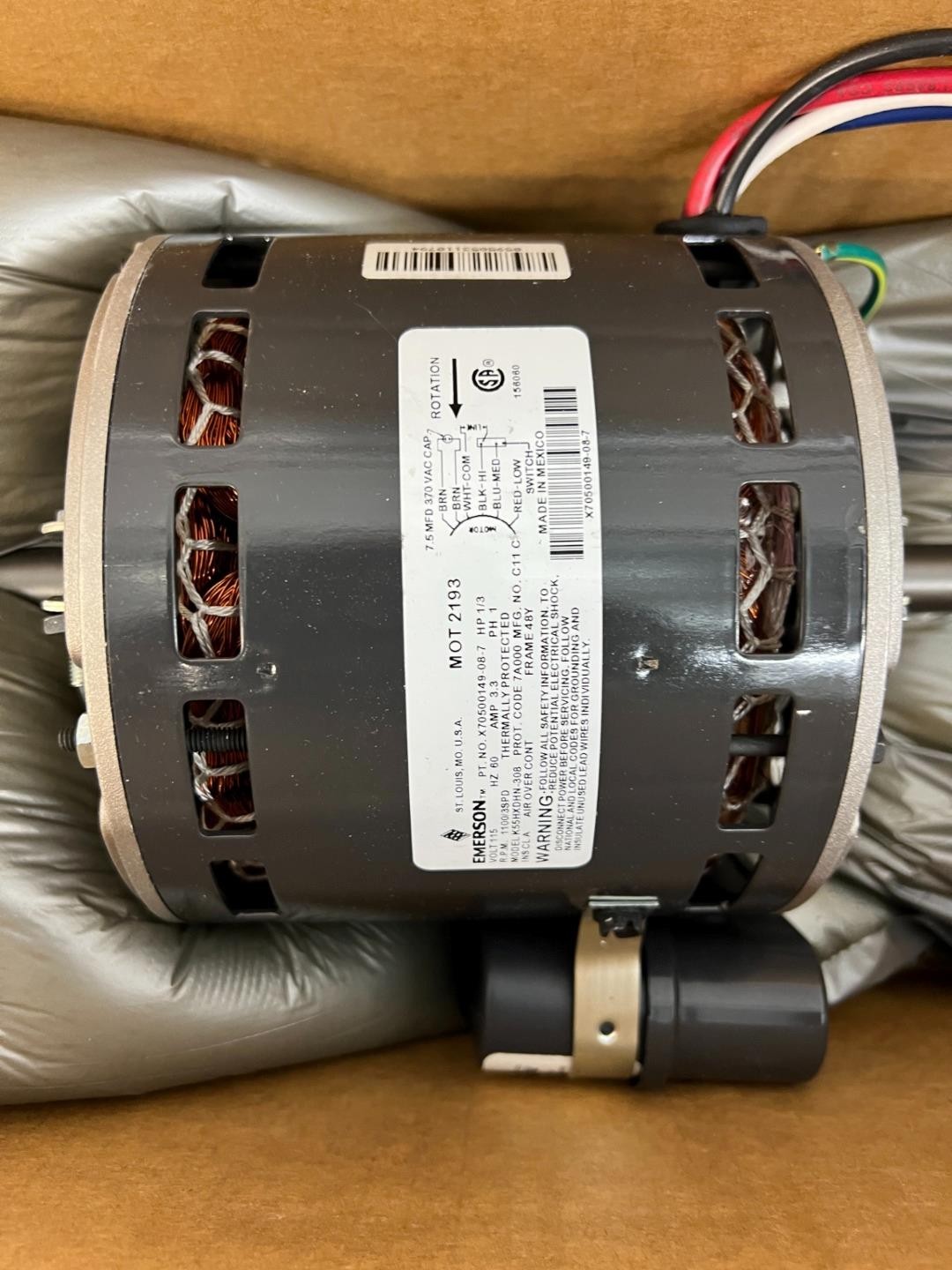 Emerson MOT2193, Fan Coil Motor, 1/3 HP, 115 V, 60 Hz, 1100 RPM, K55HXDHN-308