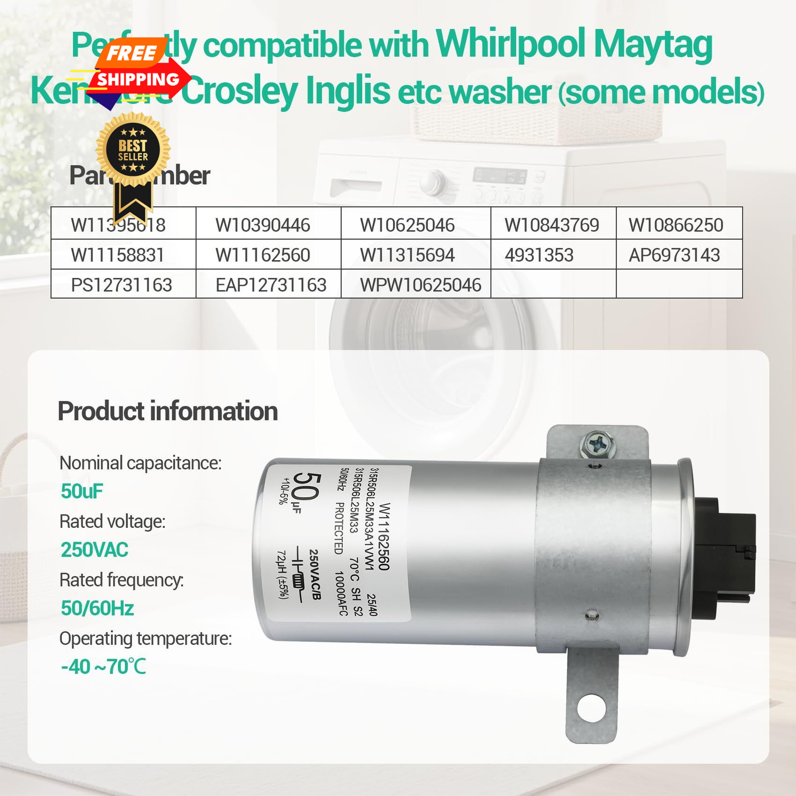 W11395618 W10625046 Washer Motor Run Capacitor Compatible with Whirlpool…