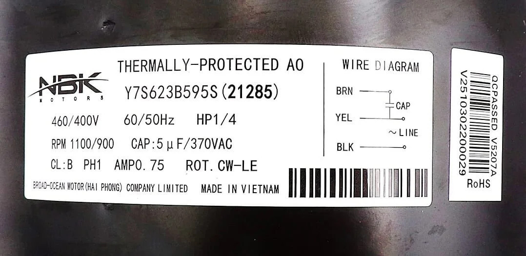 Condenser Motor 1/4 Hp 460/400v 50/60hz For Carrier – Part# HC39GE464