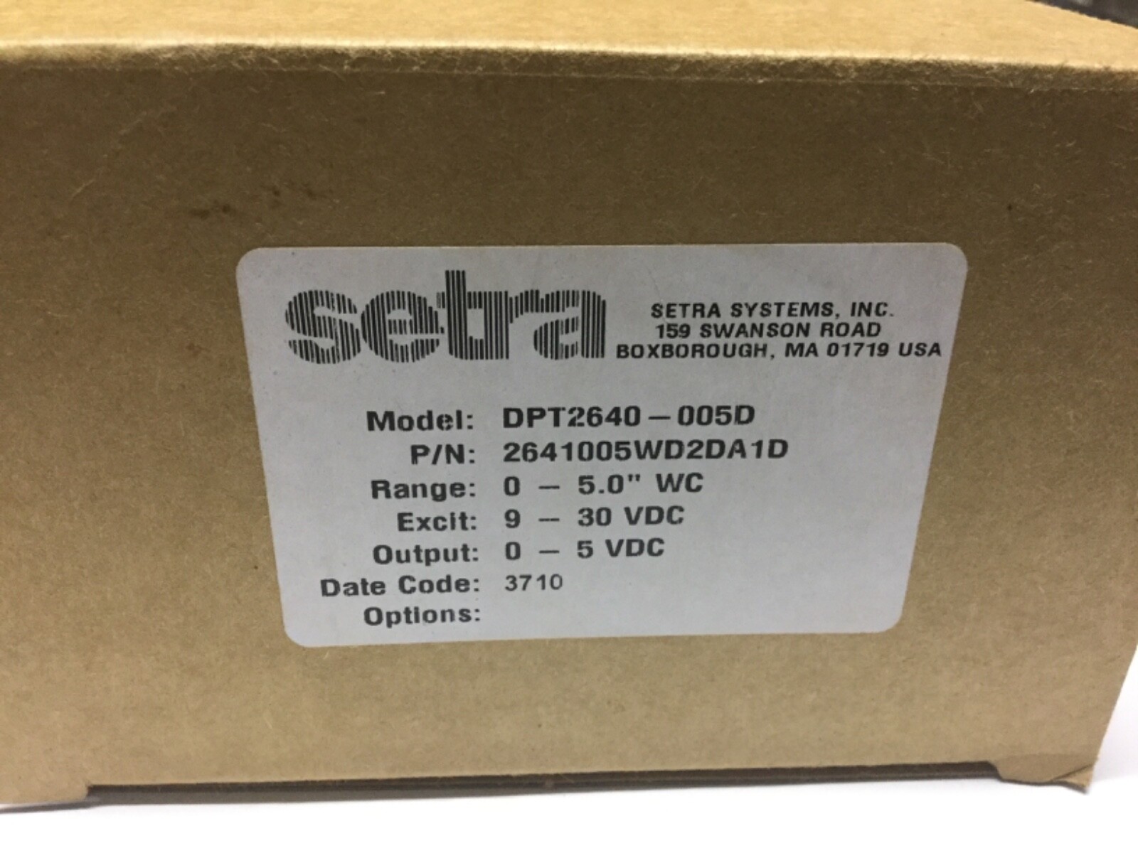 Setra 2641005WD2DA1D Differential Pressure Transducer 0-5″ WC 12-28 VDC