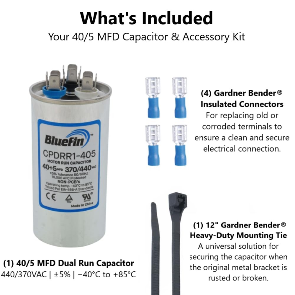AC Capacitor 40/5 MFD 370/440V Kit | Round Dual Run for HVAC Air