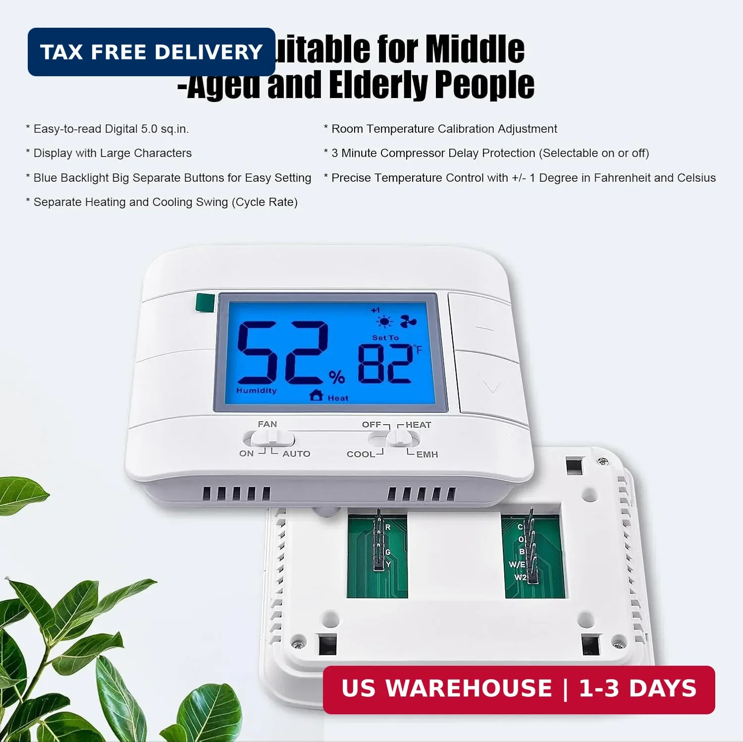 Thermostat Non Programmable Heat Pump Thermostat for House 2H/1C, with Large LCD