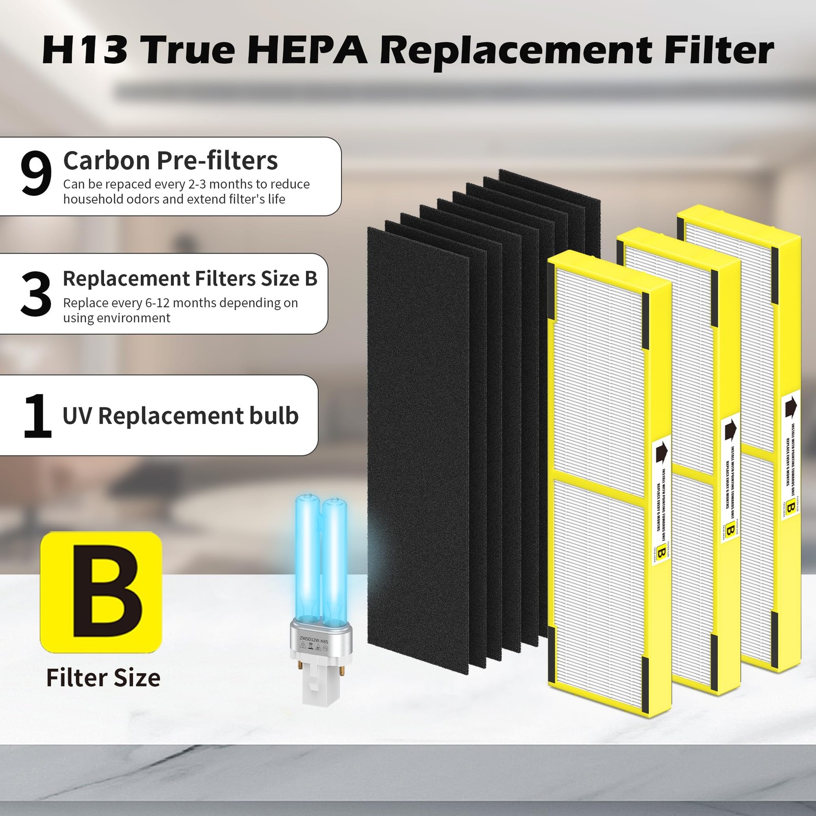 3 pack L:15.7″ x H:6.8″ x W:1.22″, Pure 3HEPA+9Carbon+1 LB4000 uv bulb