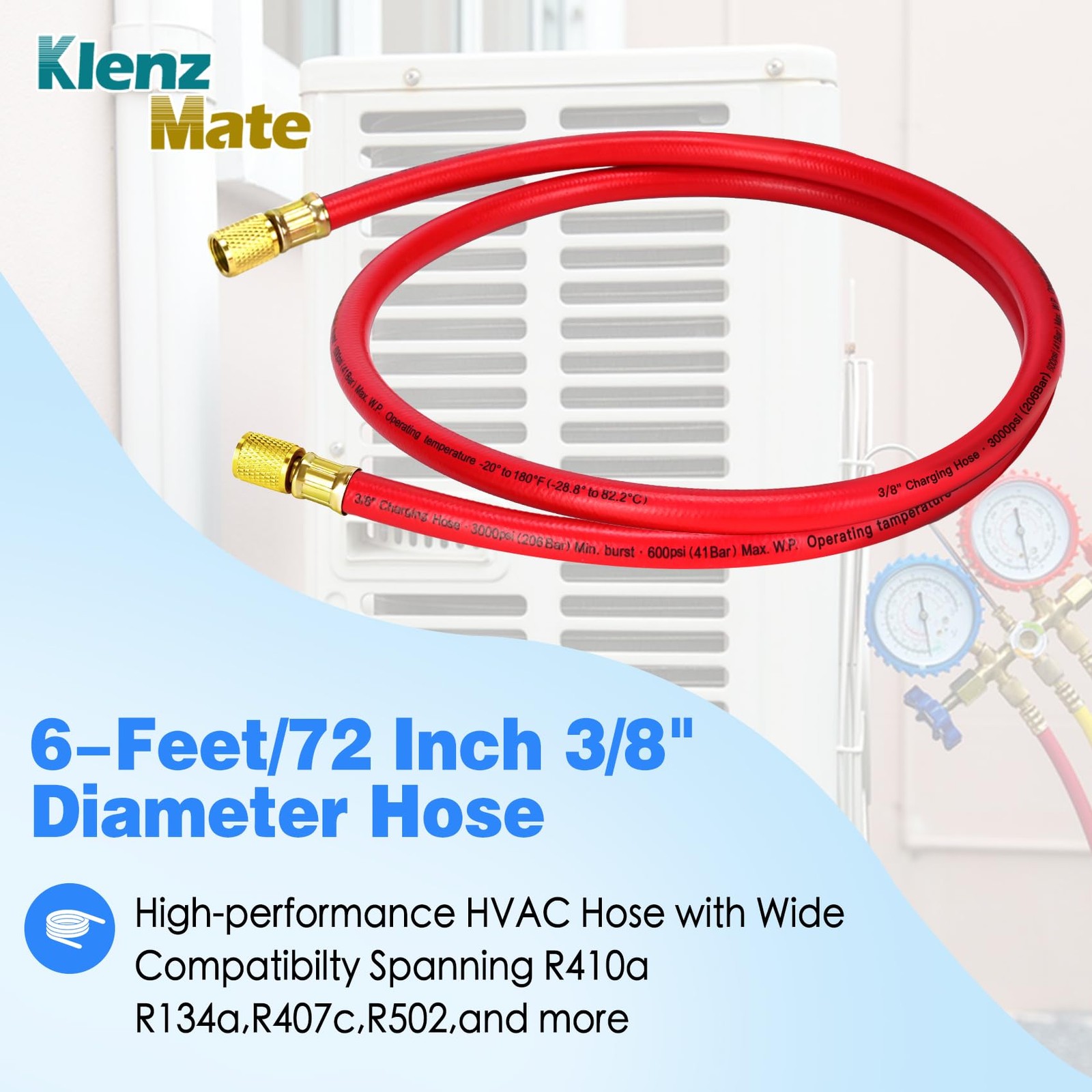 2026 Upgraded 3/8″ HVAC Vacuum Hose, 72″ Refrigerant Charging Red 6Ft