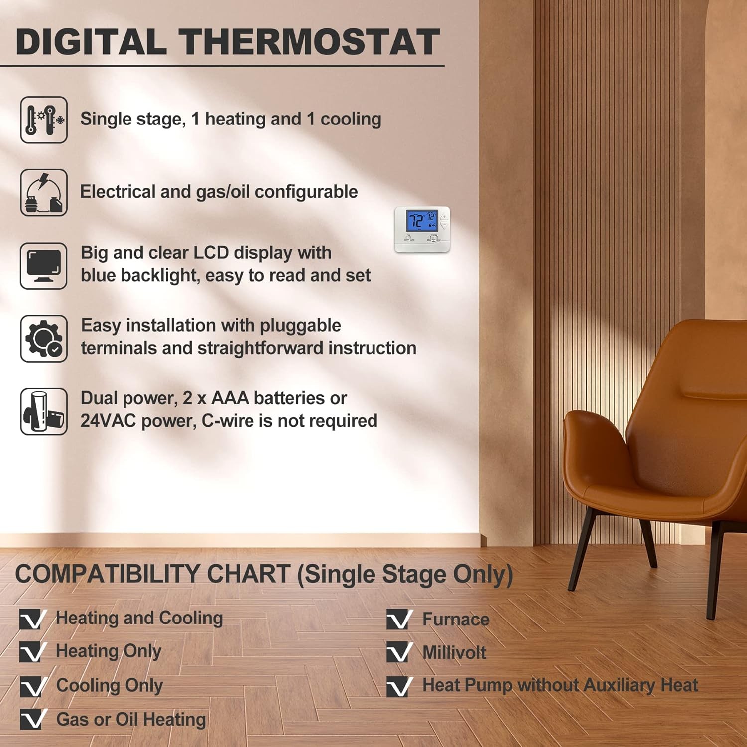 ELECTECK Non-Programmable Digital Thermostat for Home, up to 1 Heat/1 White