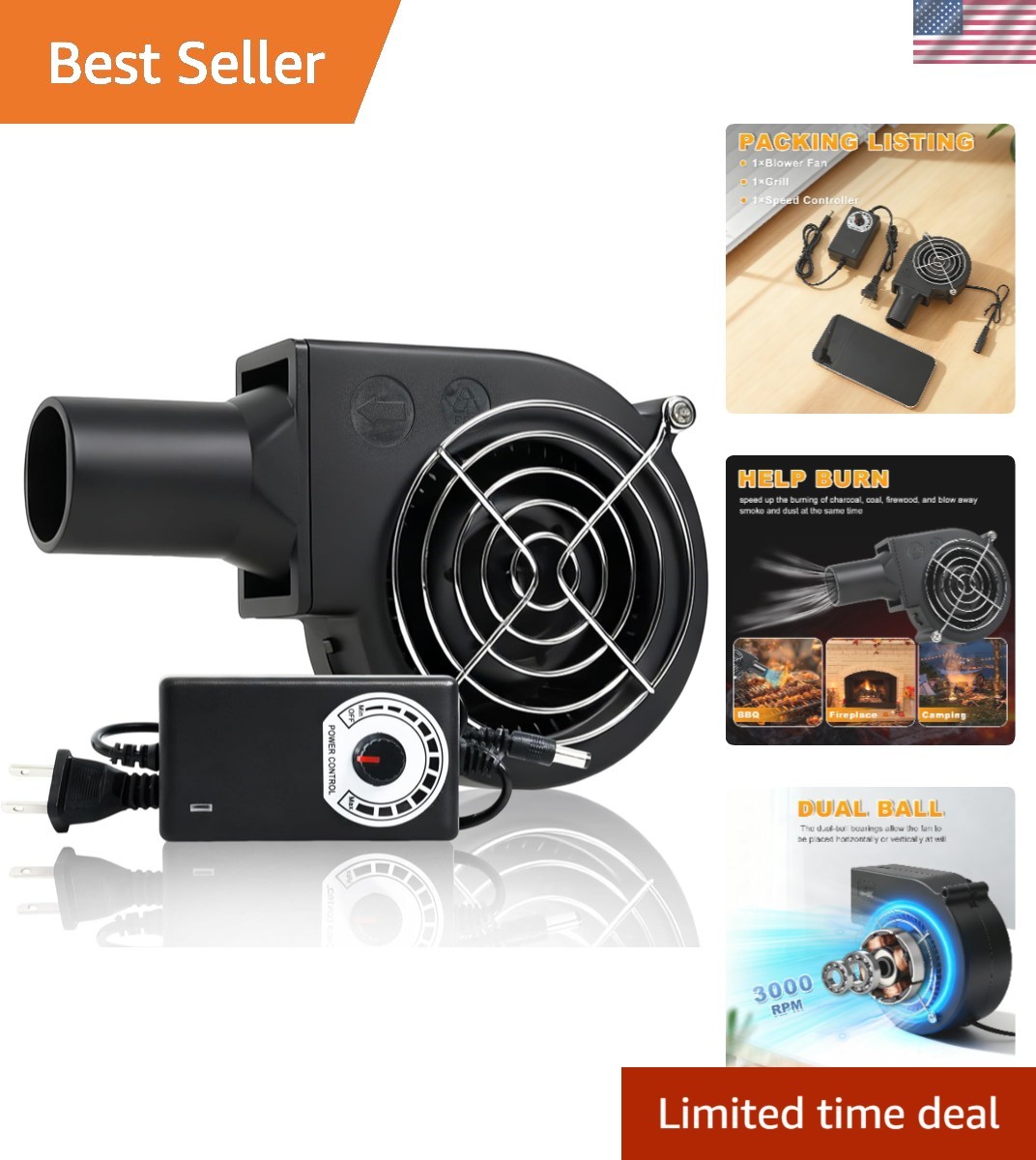 KUNRISE High Airflow BBQ Blower Fan – 110V/120V with Variable Speed Control