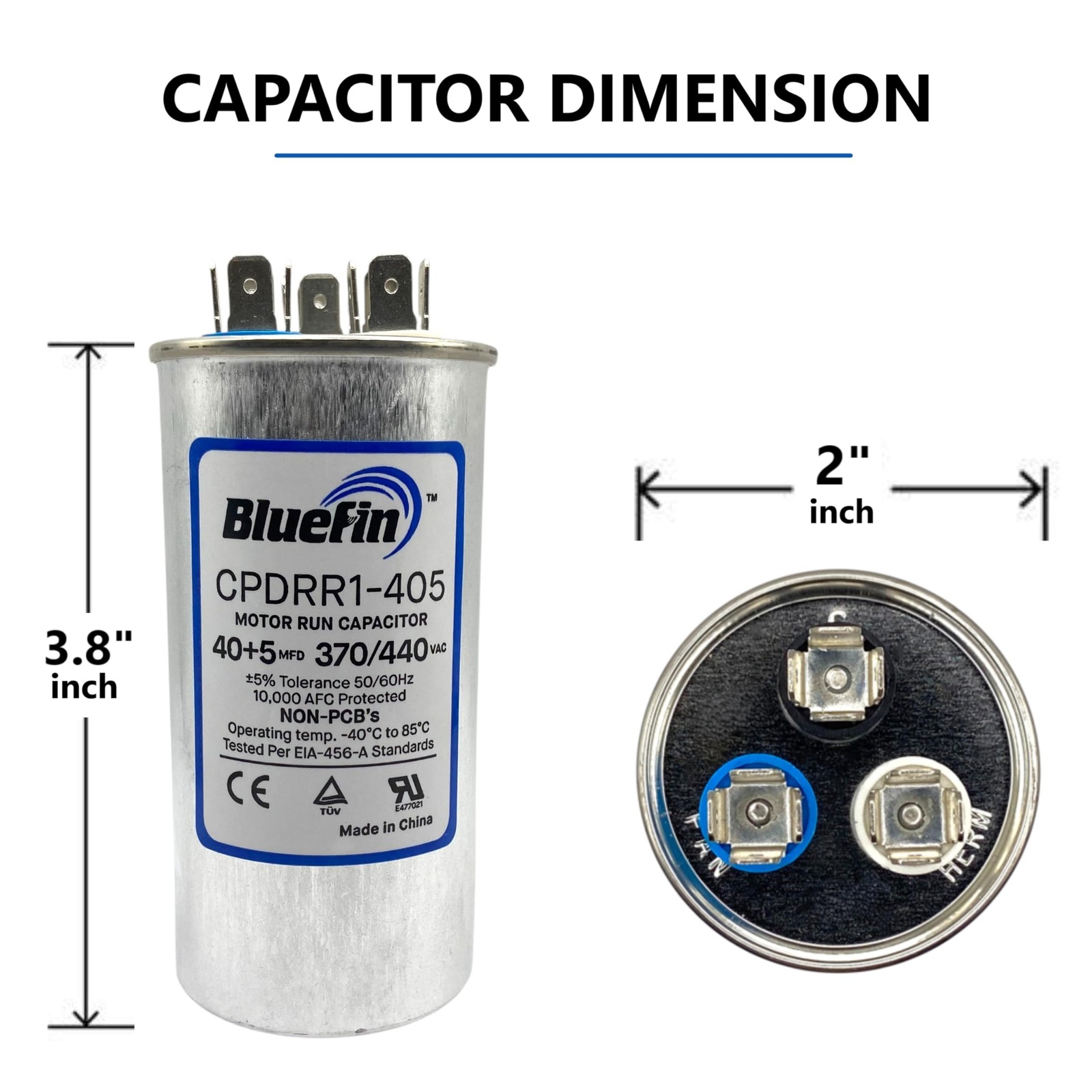 AC Capacitor 40/5 MFD 370/440V Kit | Round Dual Run for HVAC Air