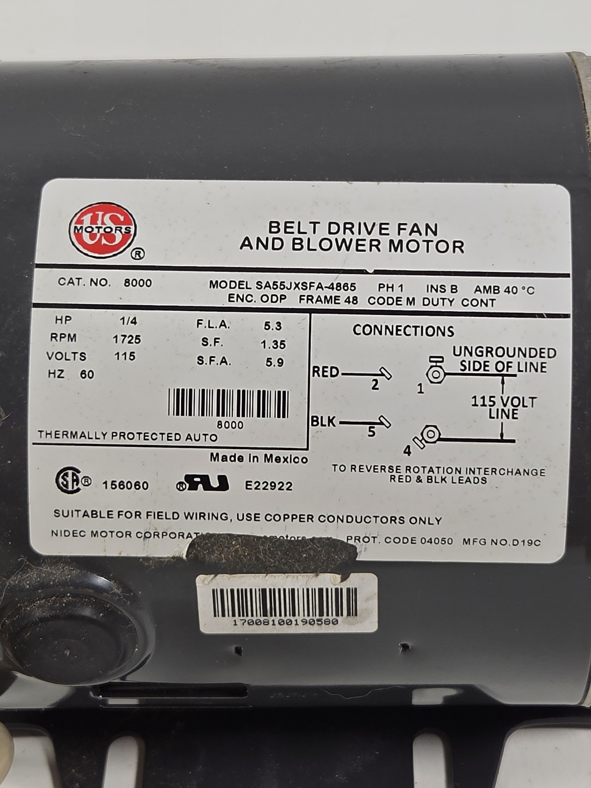 US Motors Belt Drive Fan & Blower Motor SA55JXSFA-4865 1/4 HP 1725 RPM 60 Hz