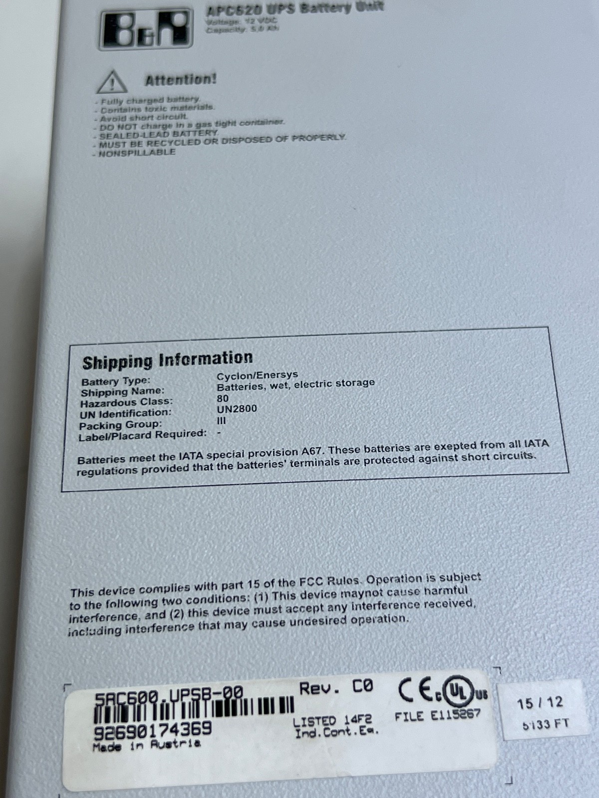 B$R 5AC600.UPSB-00 Rev:C0 APC620 UPS Battery Unit