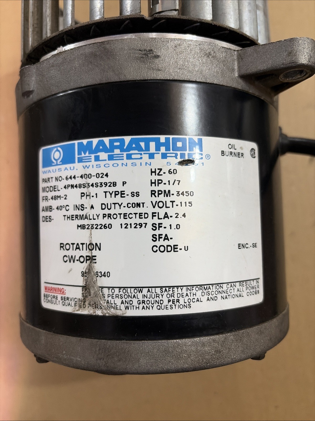 Marathon Electric 644-400-024 For Beckett Oil Burner Motor Model 4PN48S34S392B P