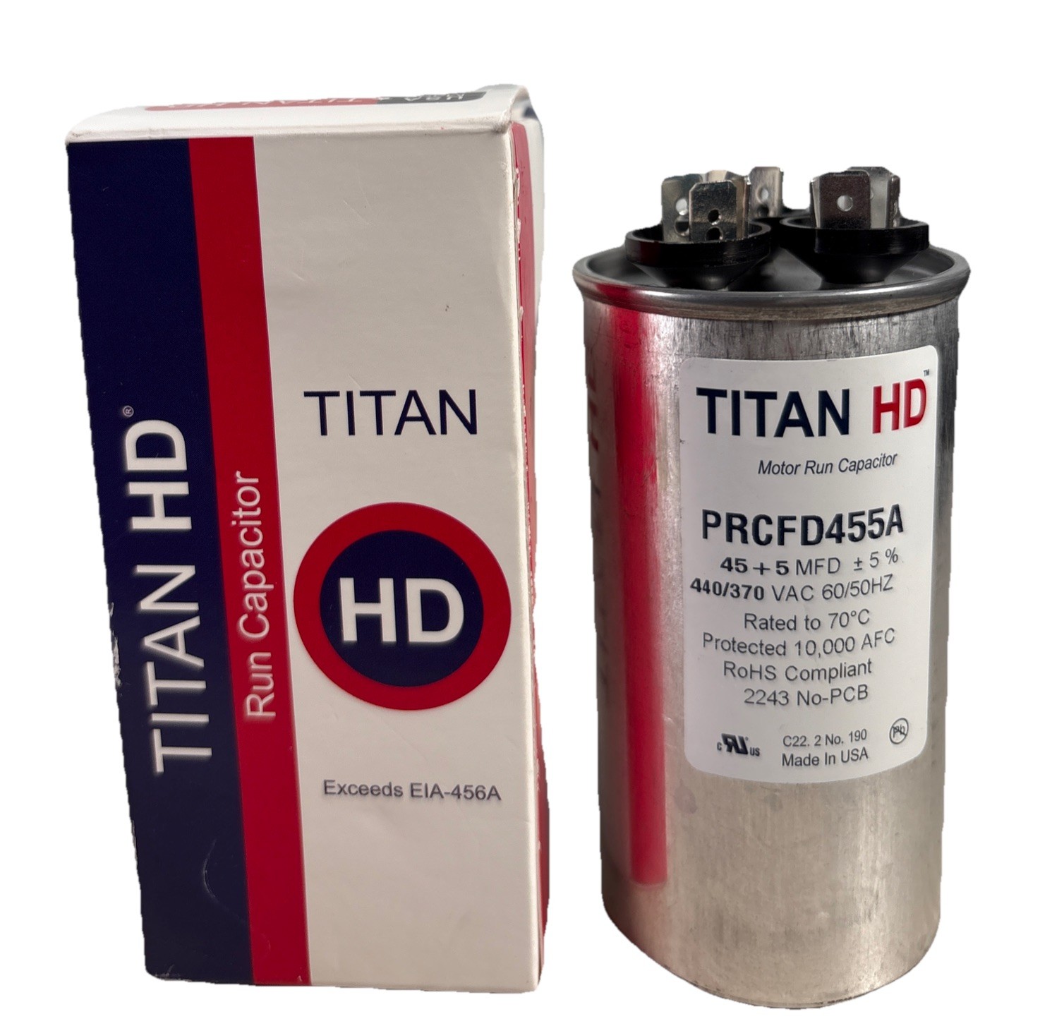 Packard Titan HD Run Capacitor, Round, 45+5 Mfd, 440-370V, USA Made!, PRCFD455A