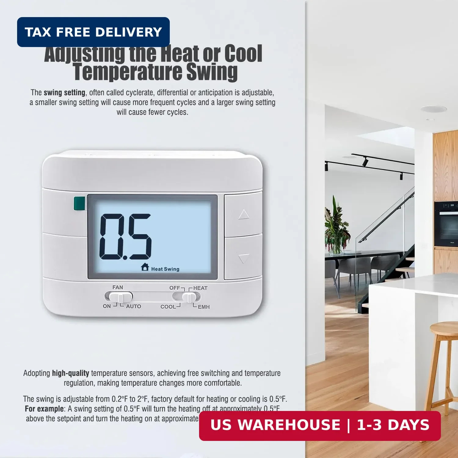 Aowel 2 Heat/ 1 Cool Non-Programmable Thermostat for Home Heat Pump System and C