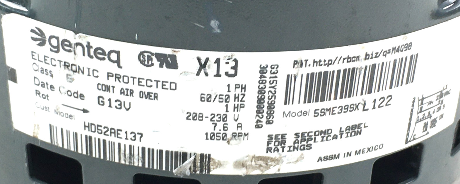 Genteq X13 FM17 5SME39SXL122 Blower Motor HD52AE137 1HP 230V CWLE used #MC656
