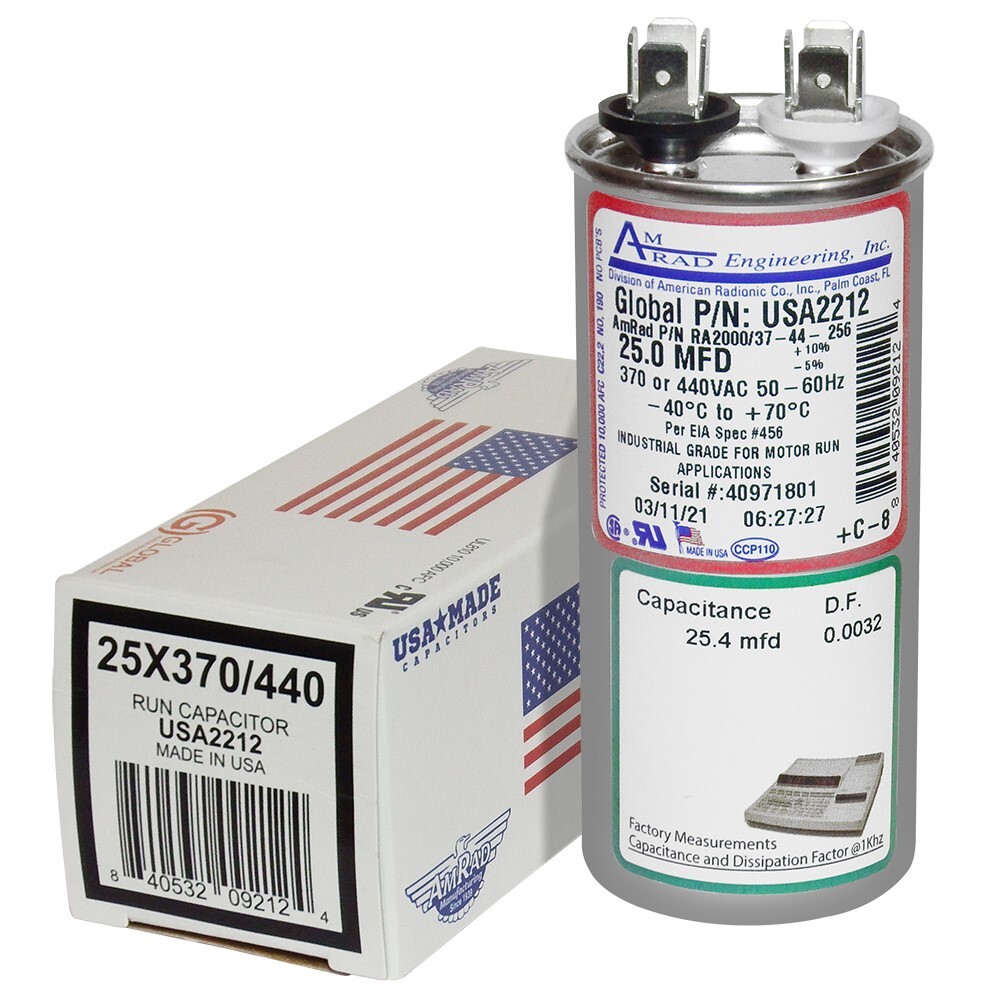 25 MFD x 370 / 440 VAC Round Run Capacitor AmRad USA2212 – Made in the USA