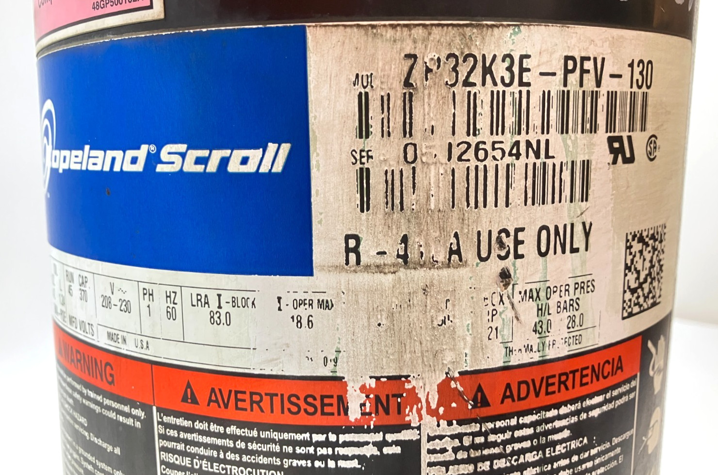 Copeland 2.5 Ton Scroll Compressor ZP32K3E-PFV-130 R410A 208/230V 1 PH used C384