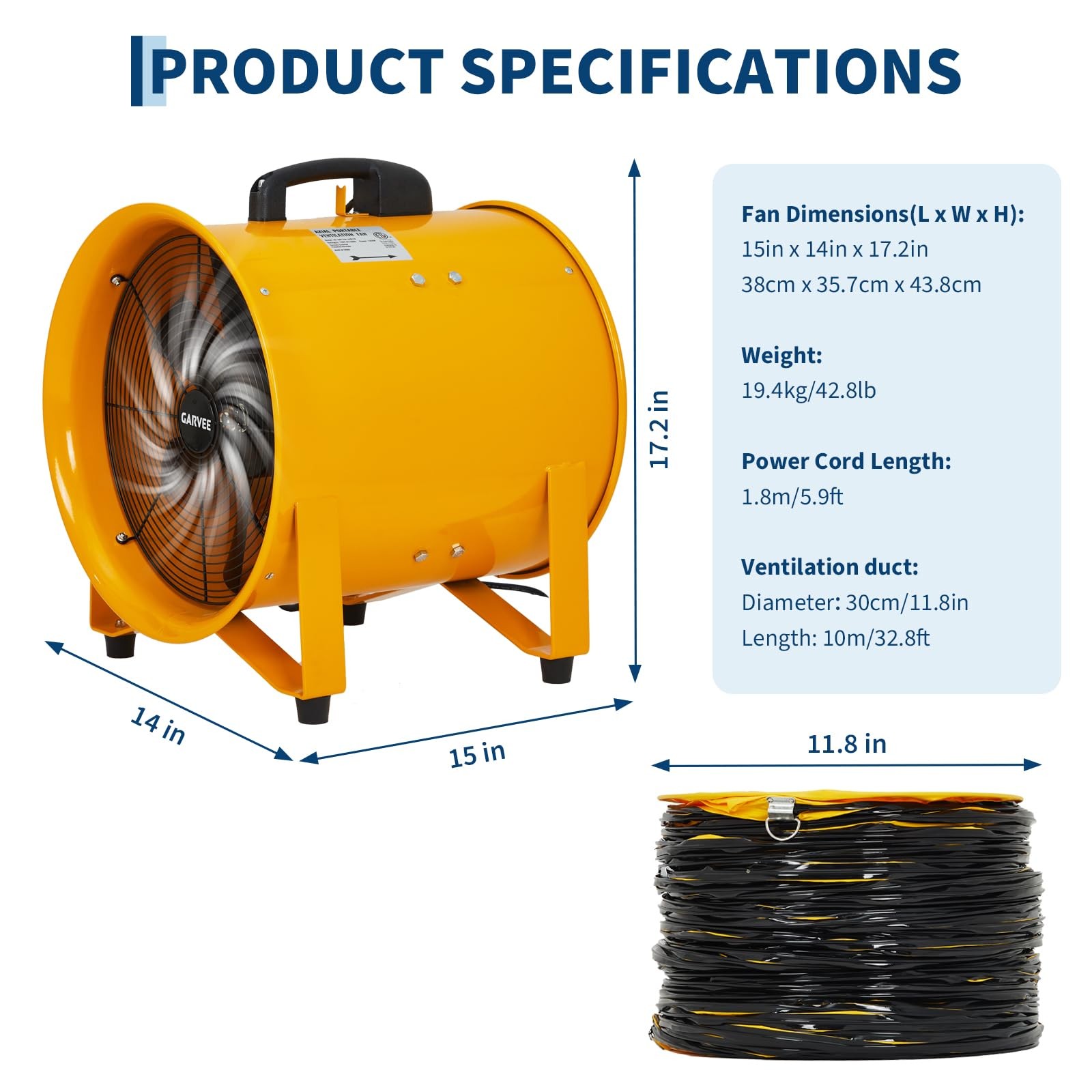12″ Utility Blower Exhaust Fan w/ 16.4/32.8ft Duct Heavy Duty 3500CFM Ventilator