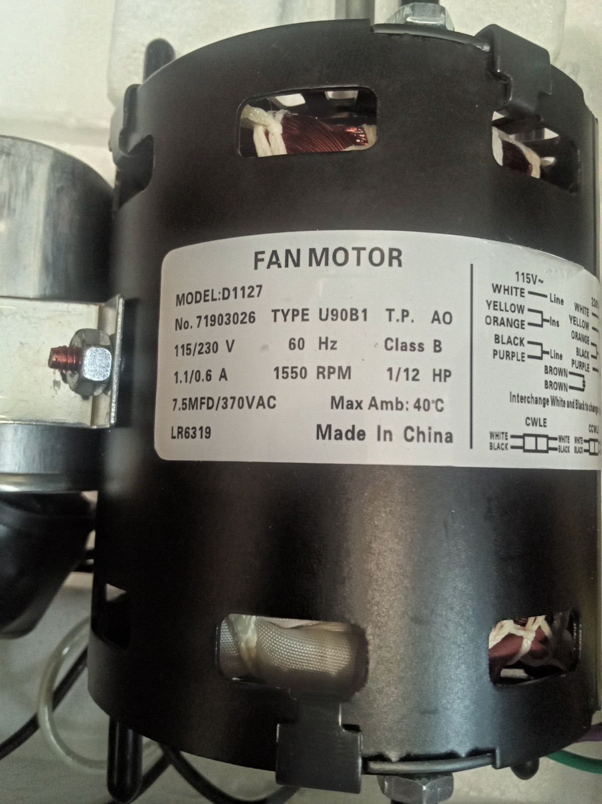 Refrigeration Fan Motor FASCO D1127 9721 D1125 – 1/12 HP-1550 RPM-115/230V 50HZ