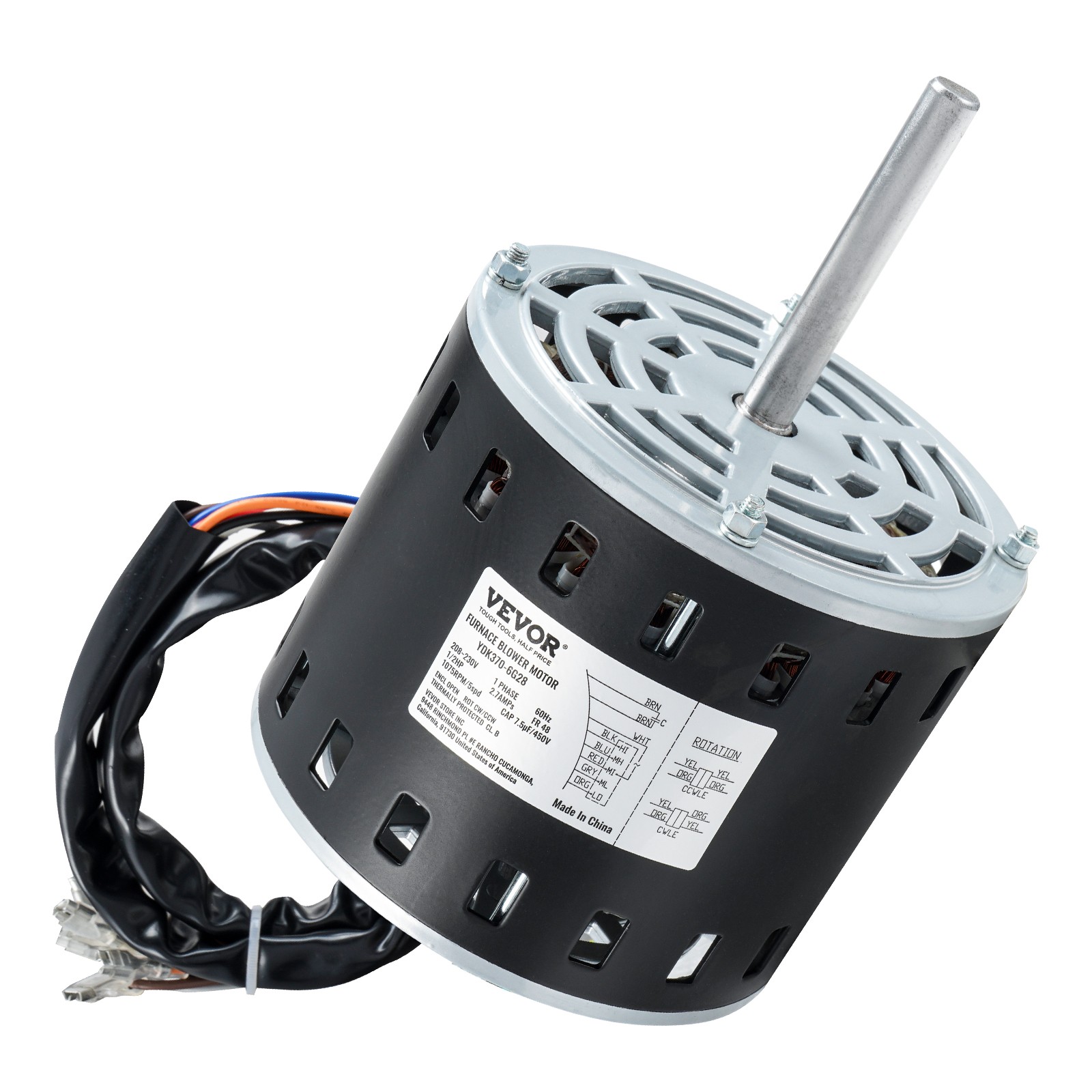 VEVOR 1/2HP Furnace Blower Motor 208-230V 2.7A 1075RPM 5 Speeds 48 Frame 1 Phase