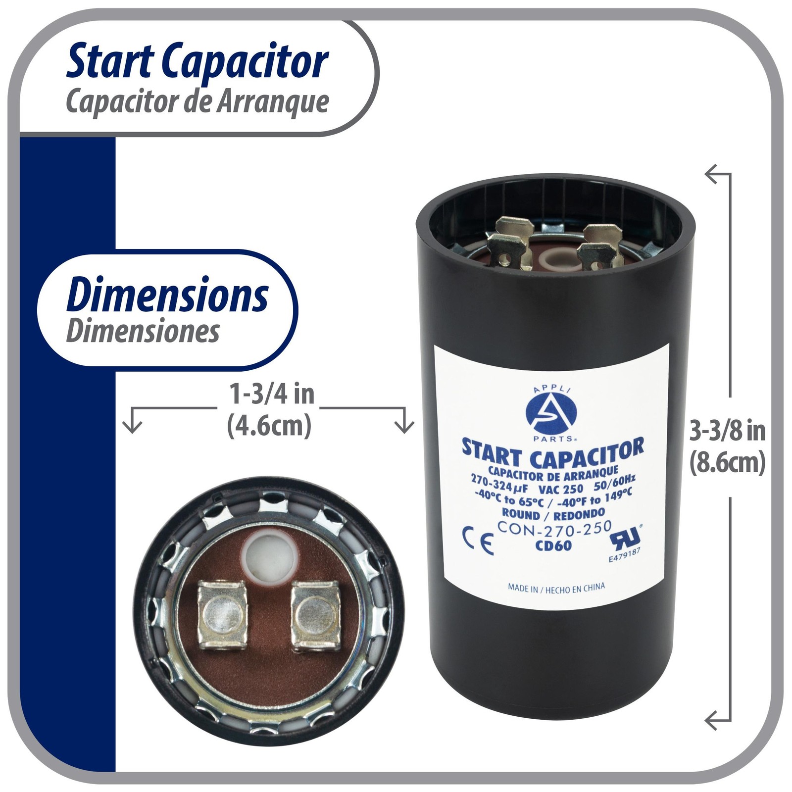 Appli Parts motor start capacitor 270-324 Mfd (microfarads) uF 250 VAC universal