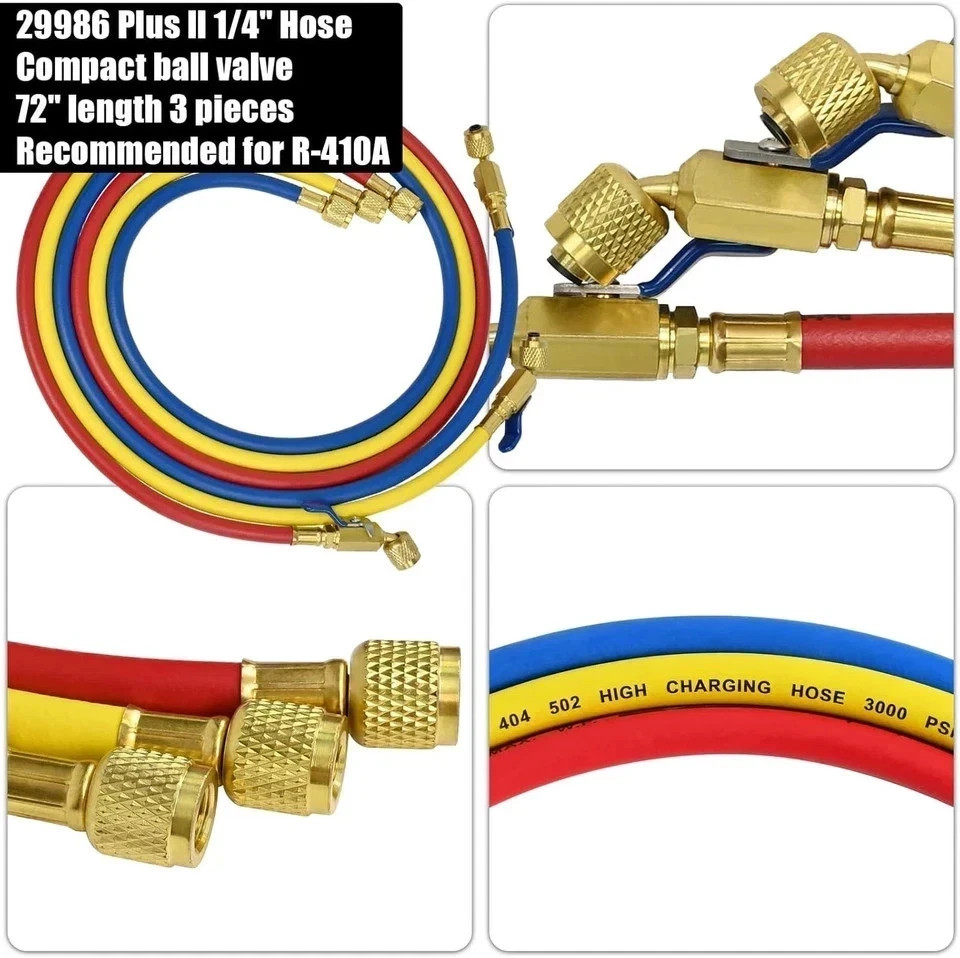 Yellow Jacket Plus II 29986 – 72″ Ball Valve Hoses, 1/4″, Set of 3 – New in Pack