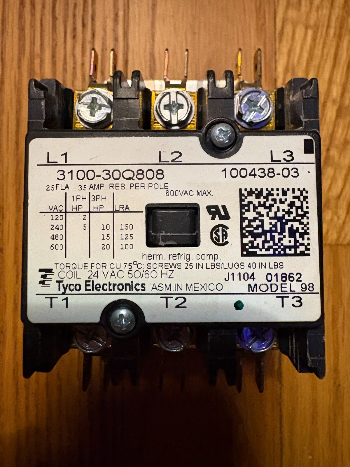 Lot of 4 Tyco 3100-30Q808 Contactors 35A 3 Pole 24VAC 100438-03