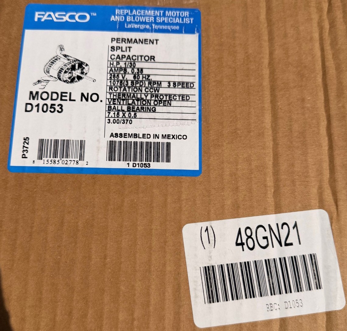 FASCO D1053 CONDENSER FAN MOTOR, 265 V, 1/30 HP, 1-PHASE, 3-SPEED, 48GN21, NEW!!