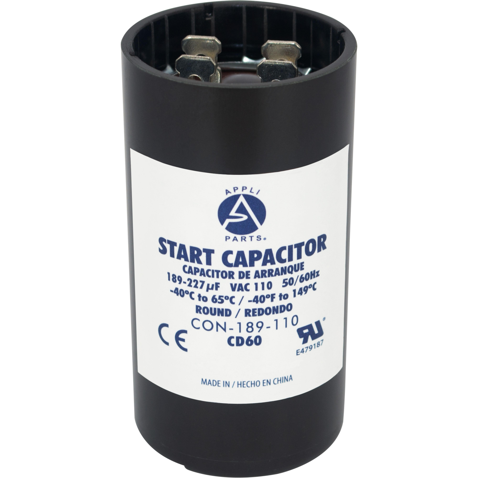 Appli Parts motor start capacitor 189-227 Mfd (microfarads) uF 110-125 VAC unive