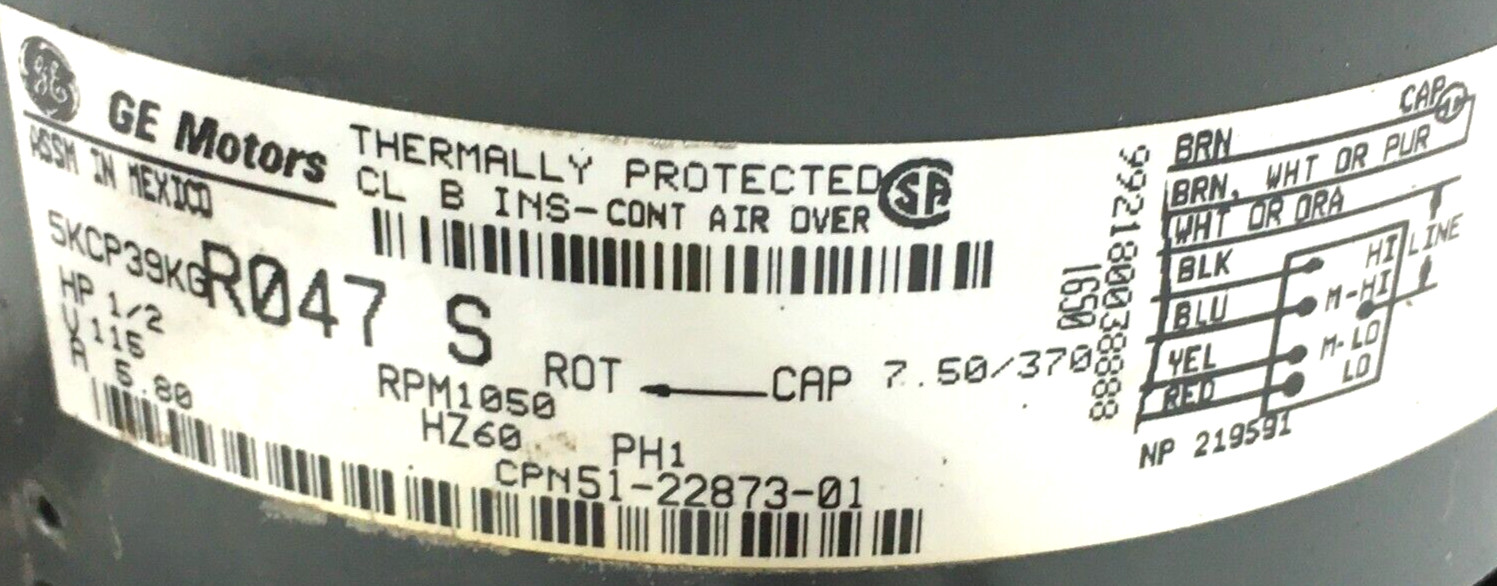 GE Motors 5KCP39KGR047S Blower Motor 1/2HP 1050RPM 115V 1PH used #MC549