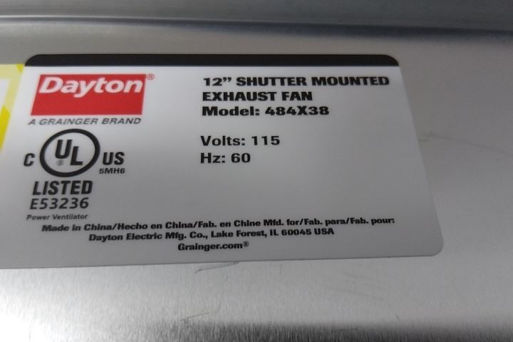 Dayton 484X38 1/15 HP 1550 RPM 115VAC 12 In Blade Shutter Mount Exhaust Fan (BW)