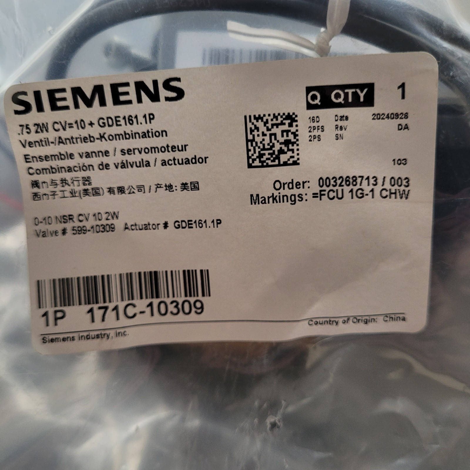 Siemens 171C-10309 2-way Ball Valve Cv=10 0-10V Actuator GED161.1P