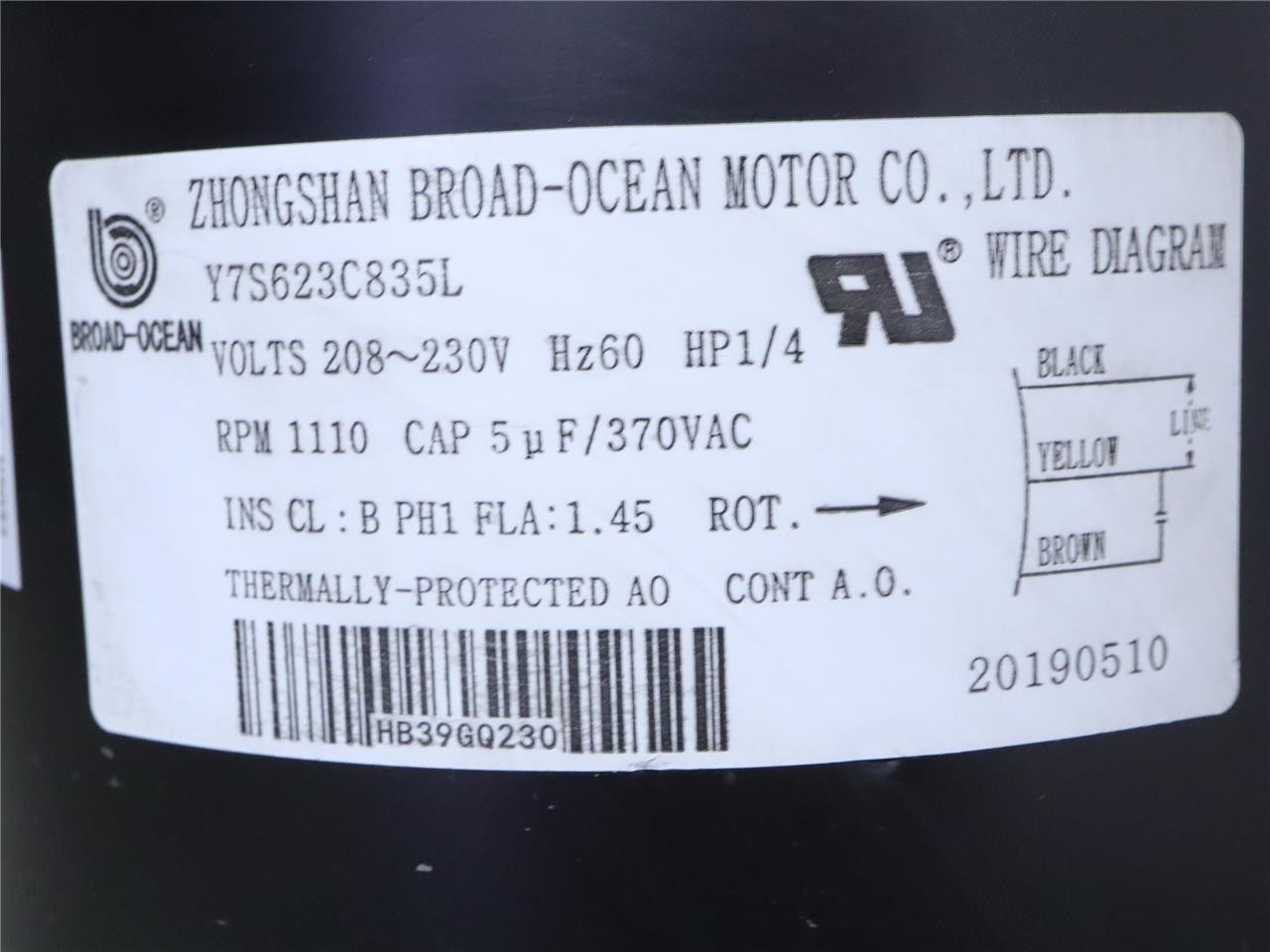 BROAD-OCEAN Y7S623C835L Condenser Fan Motor 1/4HP 1110RPM 208-230V HB39GQ230