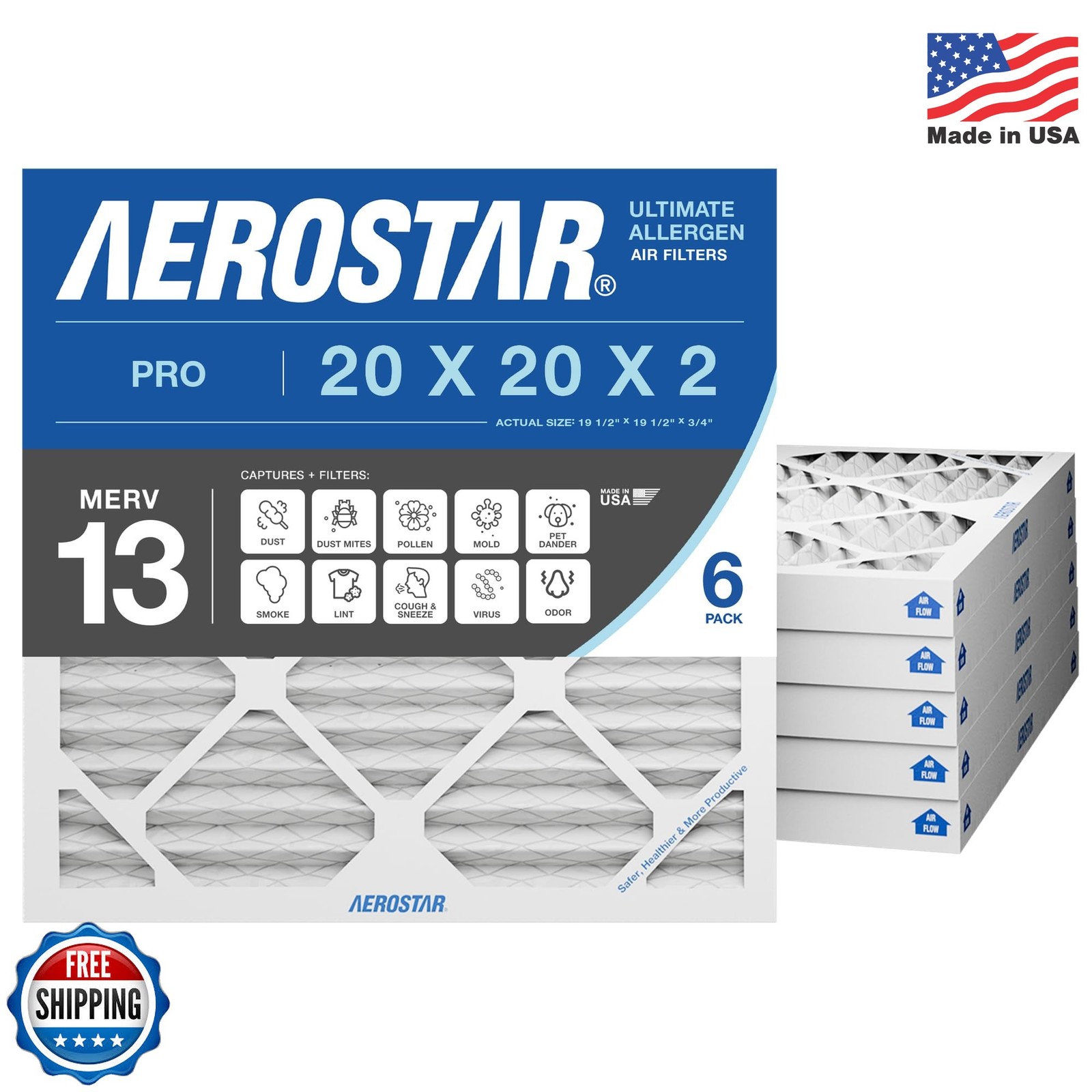 Aerostar 20x20x2 MERV 13 Air Filter, 6 Count, ACTUAL SIZE (19.50 x 19.50 x 1.75)