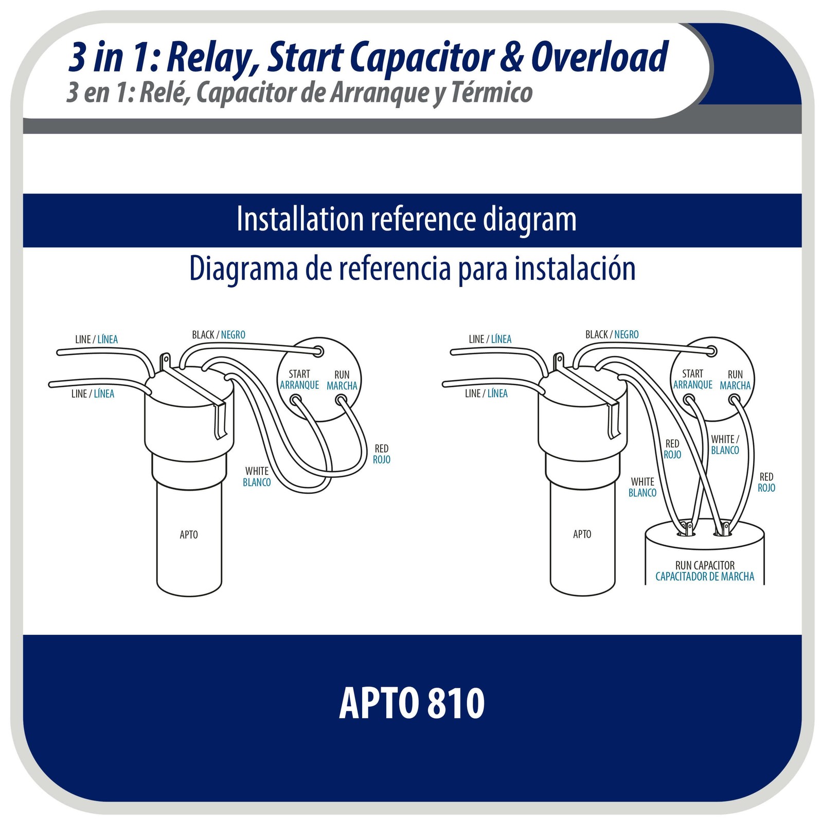 Appli Parts APTO-810 1/12 to 1/5 Hp, 115 V, 3 in 1 Solid State Hard Start Relay,