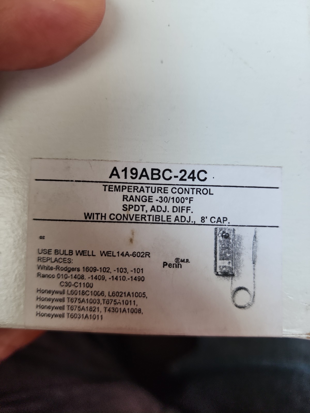 Penn A19ABC-24C Thermostat Control Range -30F-100F, 8′ Cap. Tube