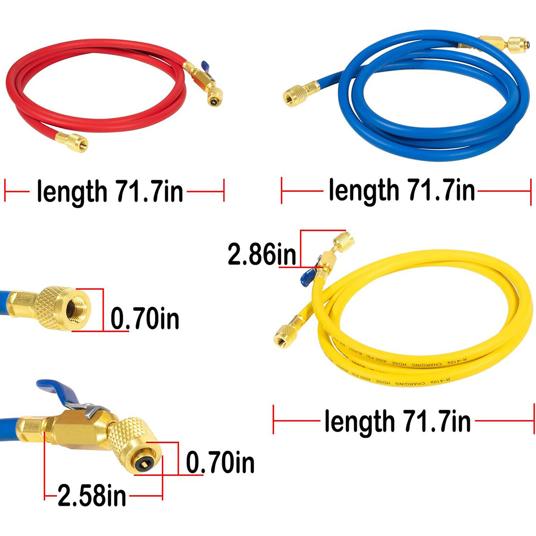 29986 Plus II 1/4″ Red Blue Yellow Charging Hose Compact Ball Valve 72″ 3 Pack