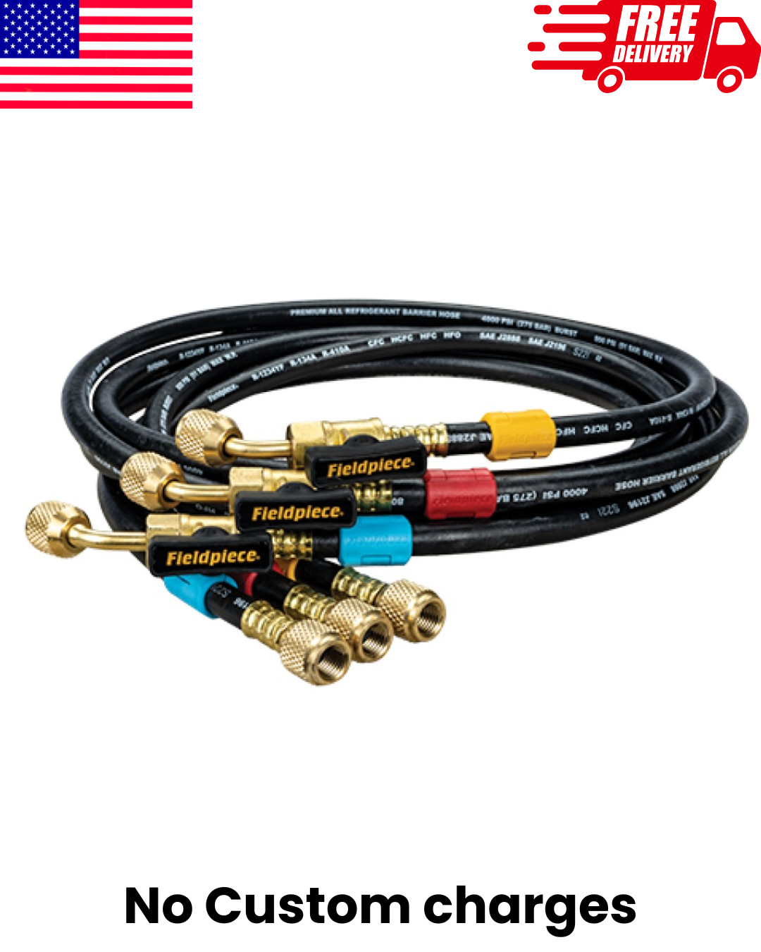 Fieldpiece HR3B Ball Valve Refrigerant Hose Set (3) with Color Tags – 1/4″ x 1/4