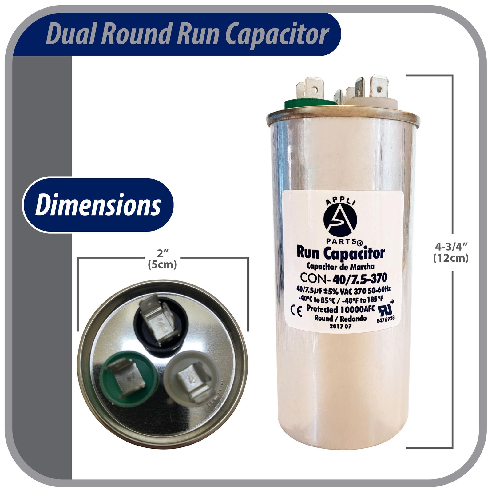 Appli Parts Dual Run Capacitor for ac 40+7.5 Mfd uF (microfarads) 370VAC CBB65 R